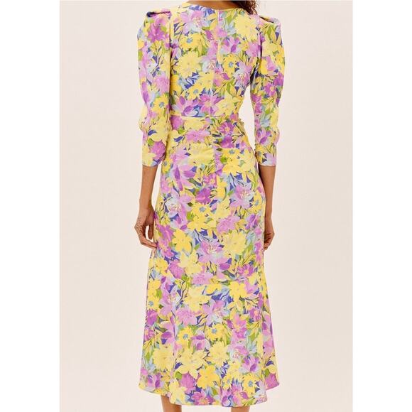 For Love and Lemons Cassia Dress Size 1X NWT Yellow Floral Ruched Midi Cocktail - Picture 2 of 16